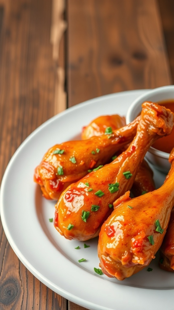 Crispy baked chicken drumsticks on a plate, garnished with herbs and a bowl of dipping sauce.